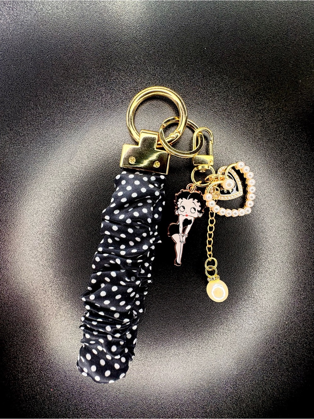 Betty Boop Black Polka Dot Keychain Wristlet with Gold Charms